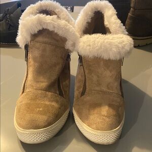 Women's Tan Suede Ankle Boots with Faux Fur Lining